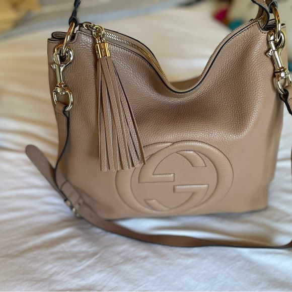 Gucci Handbags - Gucci Taupe Pebbled Soho Hobo with Tassel and Gold Hardware